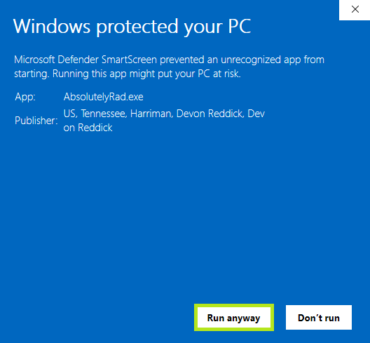 Windows SmartScreen run anyway option