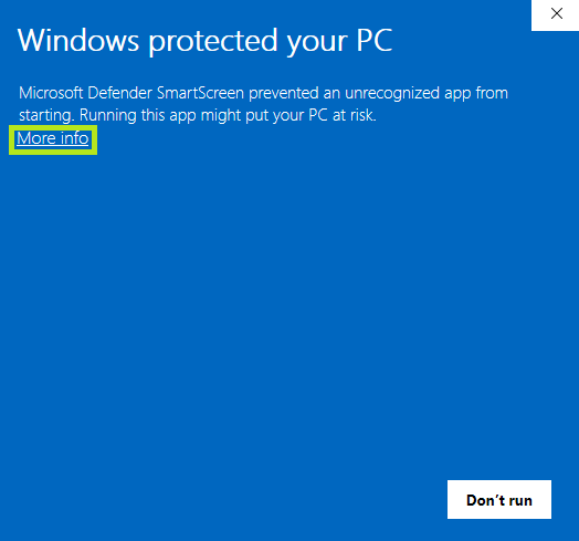 Windows SmartScreen warning dialog